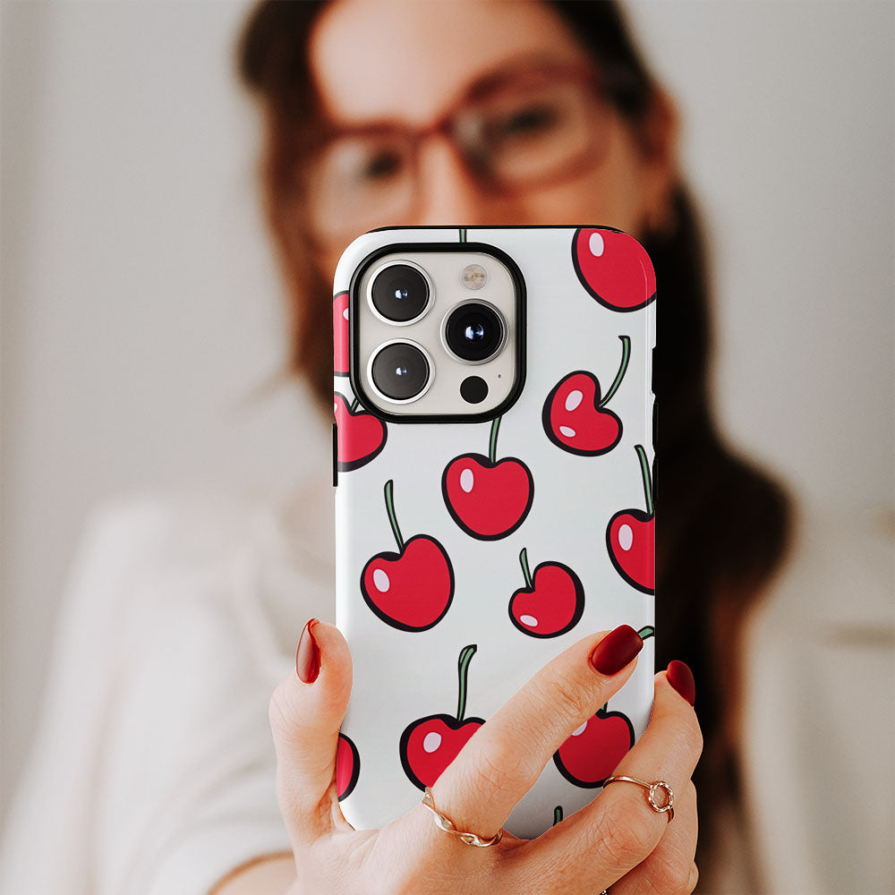 Double-Layer Semi-Handprinted Tough Matte Cherries iPhone Case