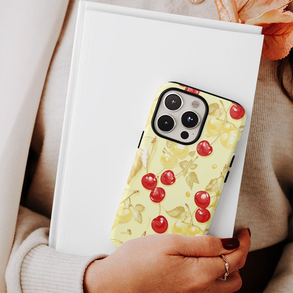 Double-Layer Semi-Handprinted Tough Matte Cherries iPhone Case