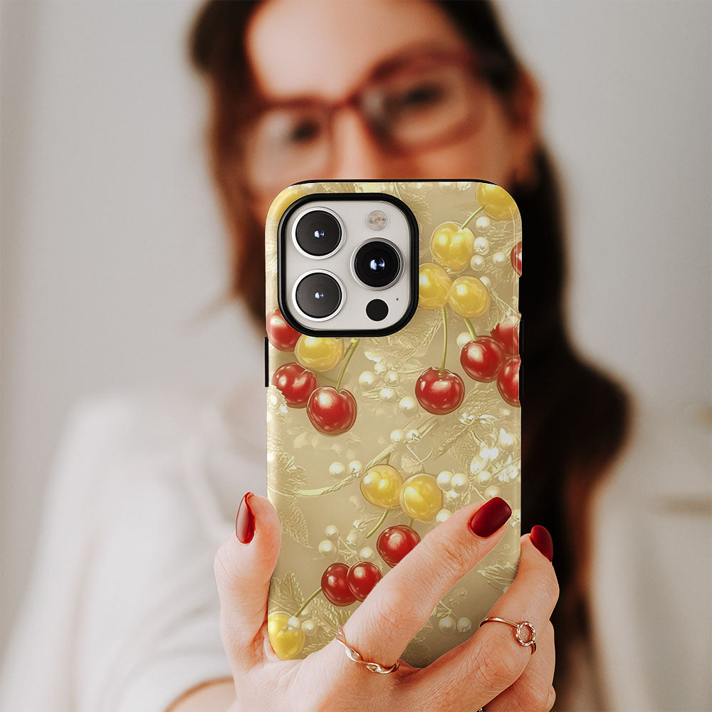 Double-Layer Semi-Handprinted Tough Matte Cherries iPhone Case