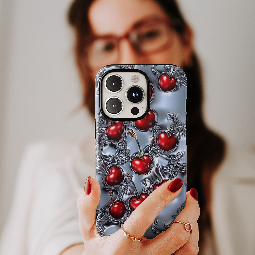 Double-Layer Semi-Handprinted Tough Matte Cherries iPhone Case