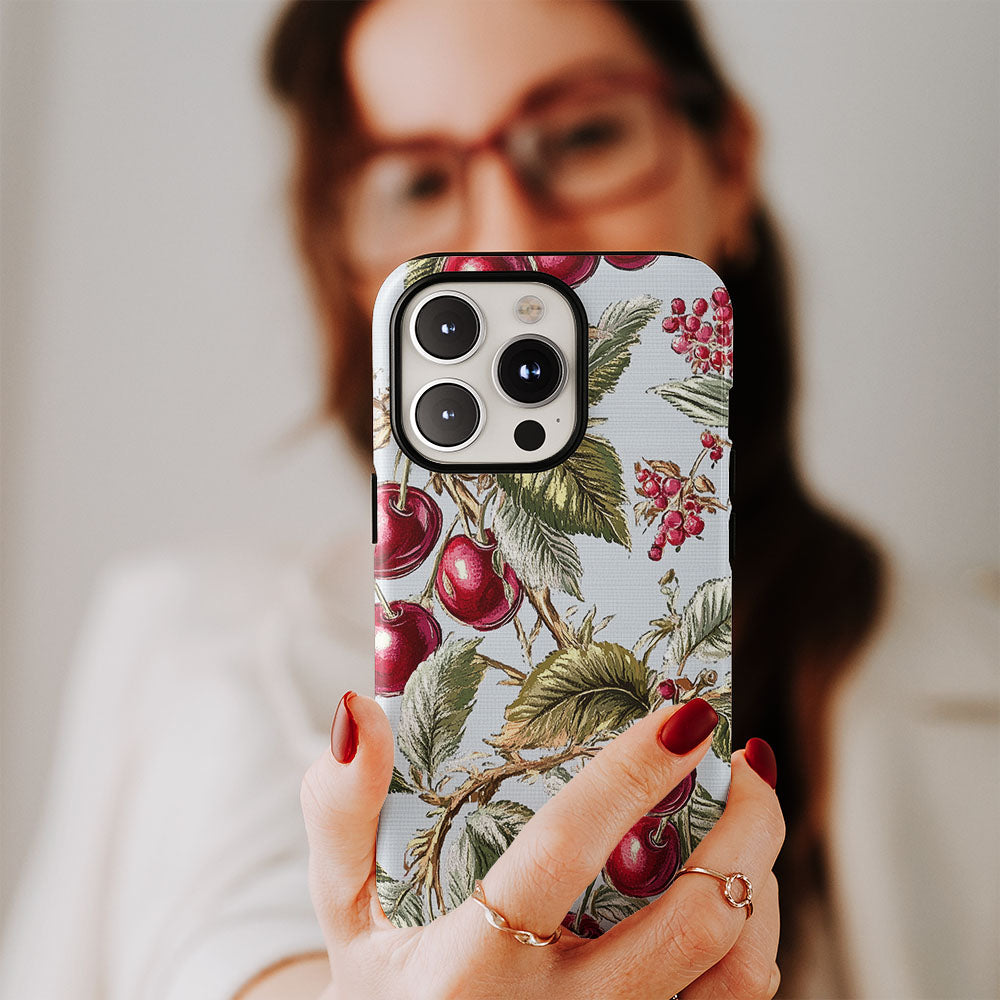 Double-Layer Semi-Handprinted Tough Matte Cherries iPhone Case