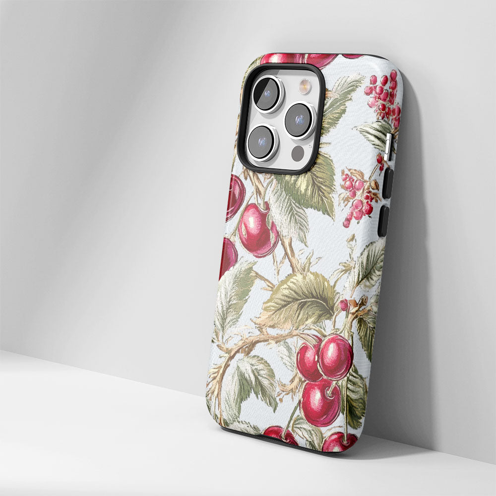 Double-Layer Semi-Handprinted Tough Matte Cherries iPhone Case