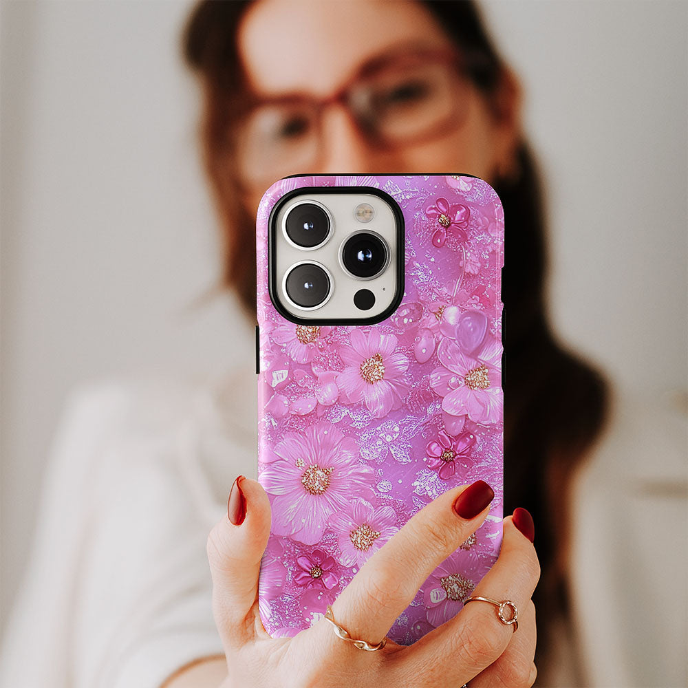 Double-Layer Semi-Handprinted Tough Matte Flowers iPhone Case