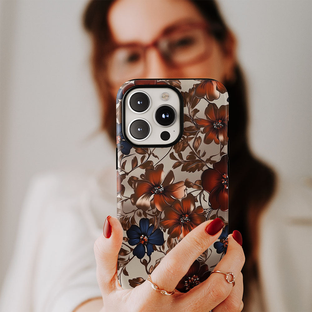Double-Layer Semi-Handprinted Tough Matte Flowers iPhone Case