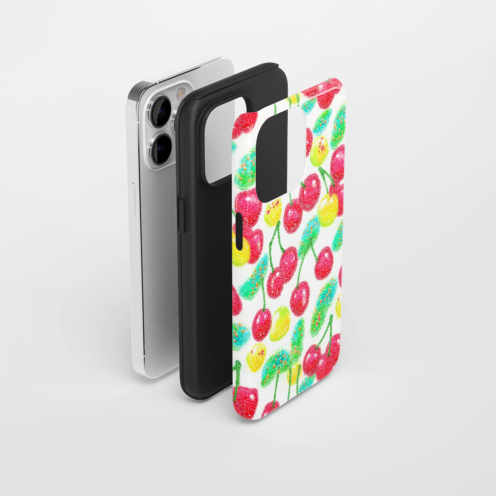Double-Layer Semi-Handprinted Tough Matte Cherries iPhone Case
