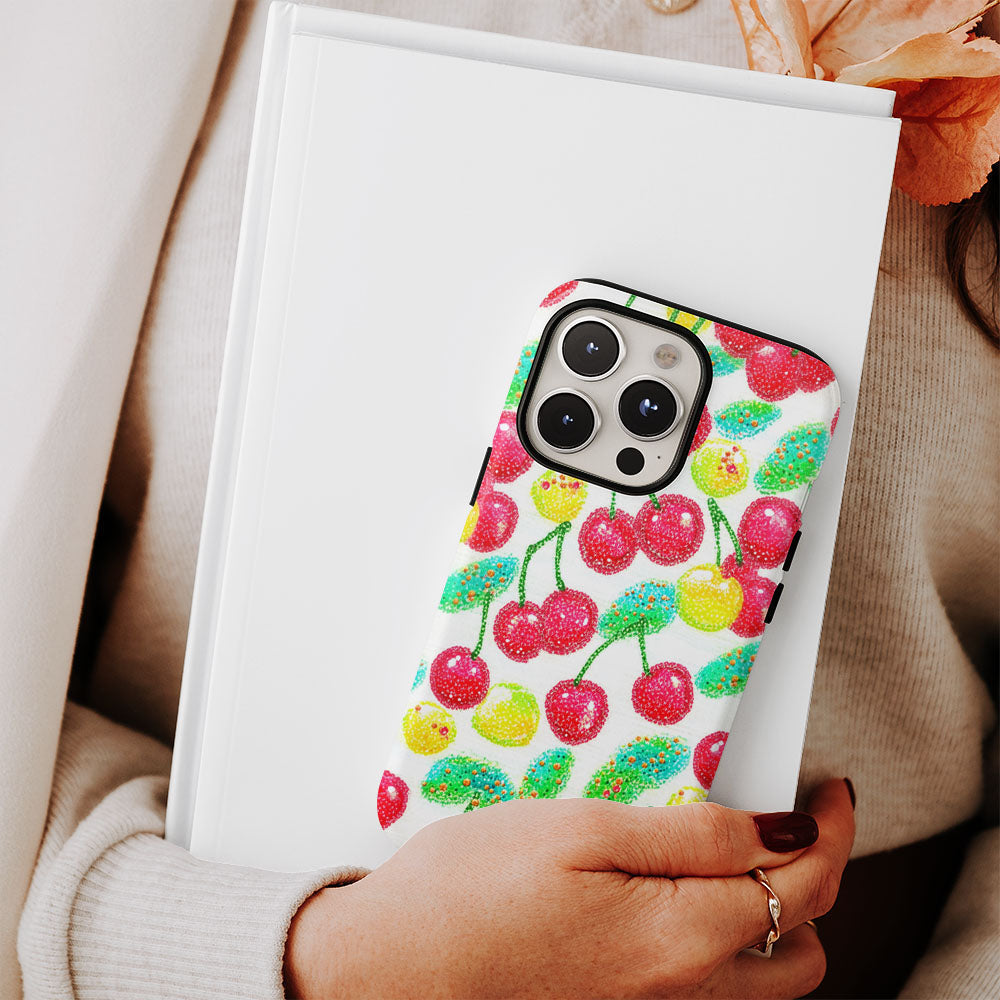 Double-Layer Semi-Handprinted Tough Matte Cherries iPhone Case