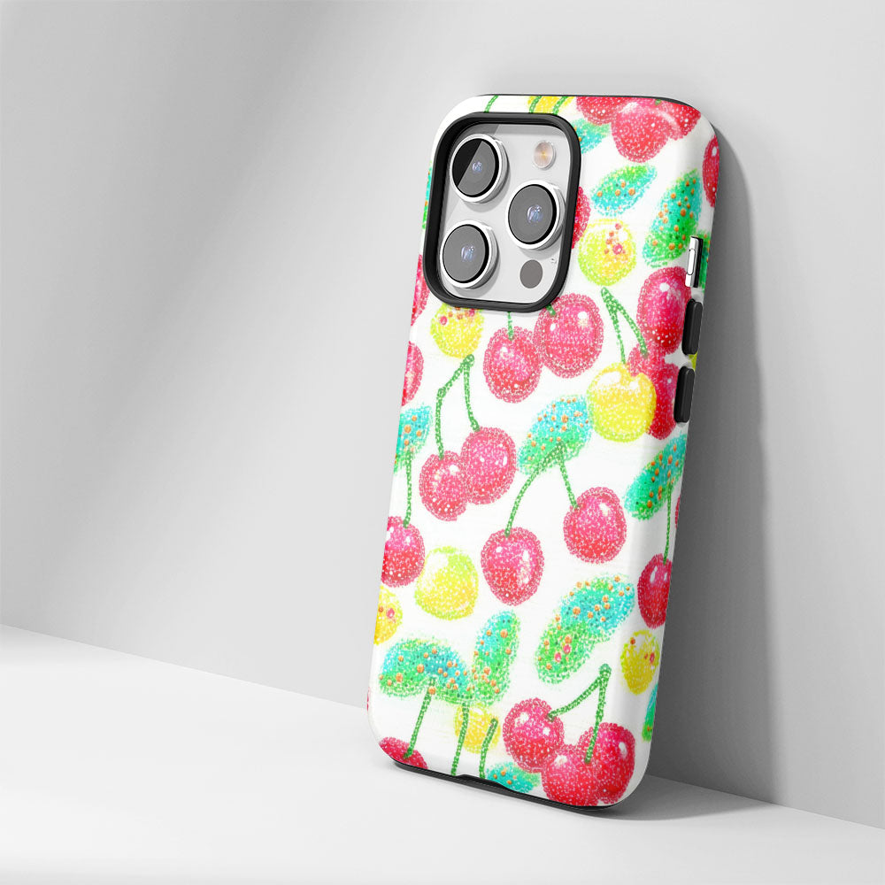 Double-Layer Semi-Handprinted Tough Matte Cherries iPhone Case