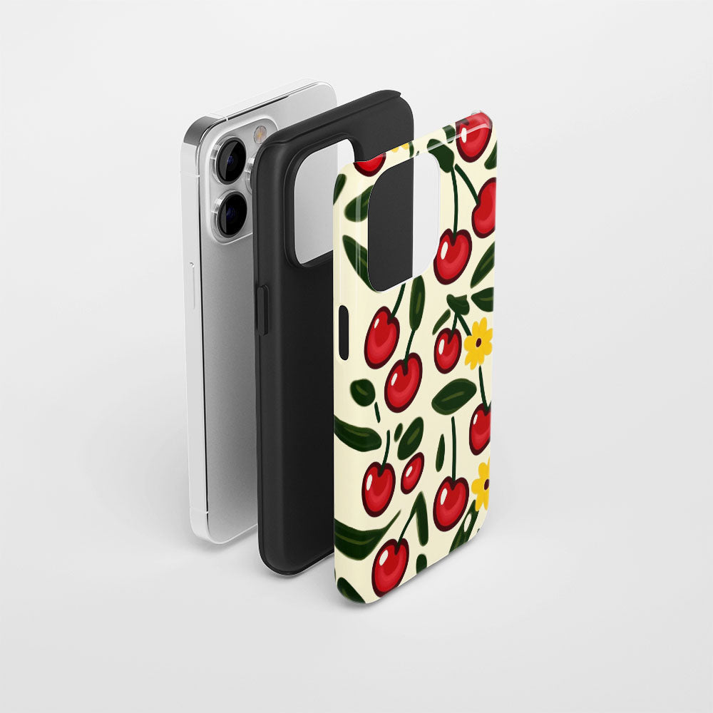 Double-Layer Semi-Handprinted Tough Matte Cherries iPhone Case