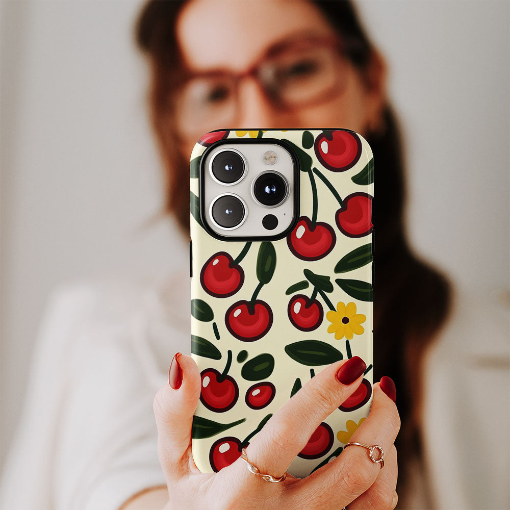 Double-Layer Semi-Handprinted Tough Matte Cherries iPhone Case