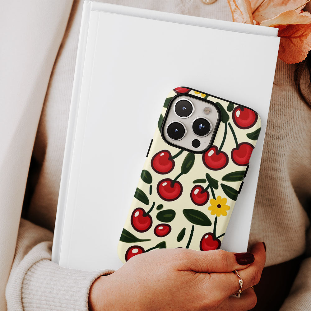 Double-Layer Semi-Handprinted Tough Matte Cherries iPhone Case