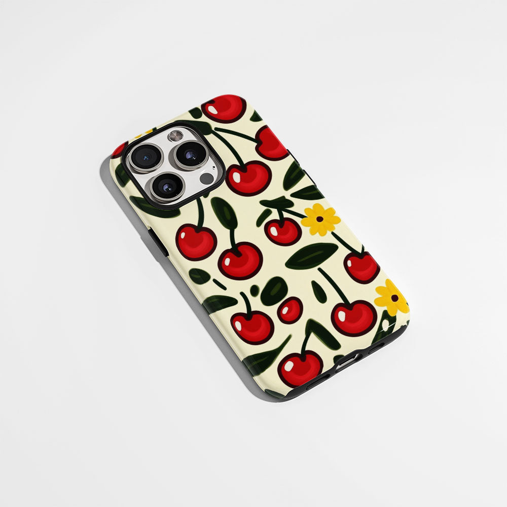 Double-Layer Semi-Handprinted Tough Matte Cherries iPhone Case