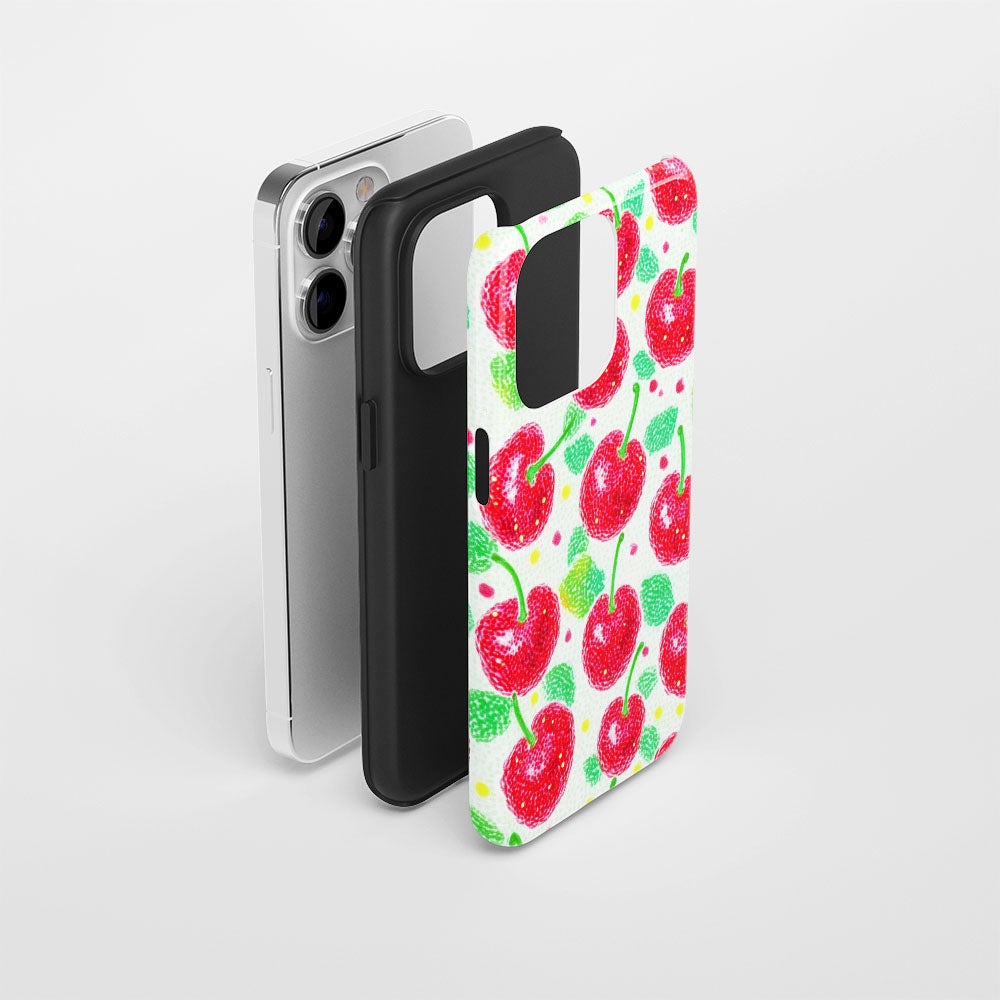 Double-Layer Semi-Handprinted Tough Matte Cherries iPhone Case