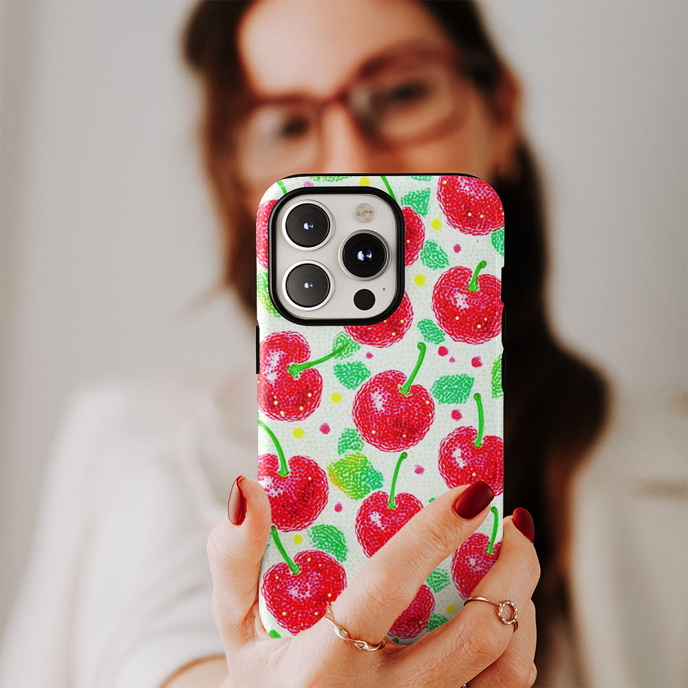 Double-Layer Semi-Handprinted Tough Matte Cherries iPhone Case