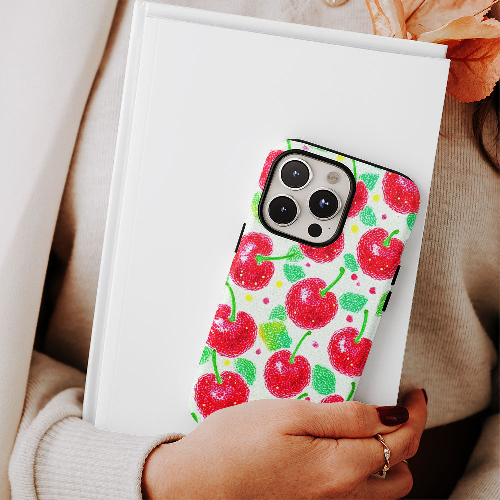 Double-Layer Semi-Handprinted Tough Matte Cherries iPhone Case