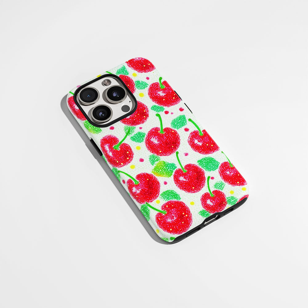 Double-Layer Semi-Handprinted Tough Matte Cherries iPhone Case