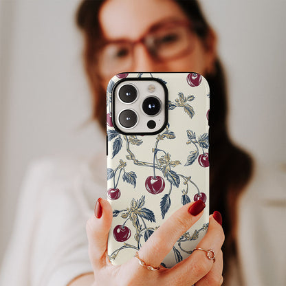 Double-Layer Semi-Handprinted Tough Matte Cherries iPhone Case