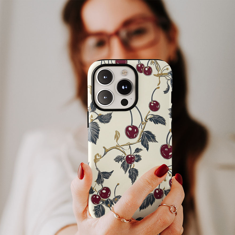 Double-Layer Semi-Handprinted Tough Matte Cherries iPhone Case