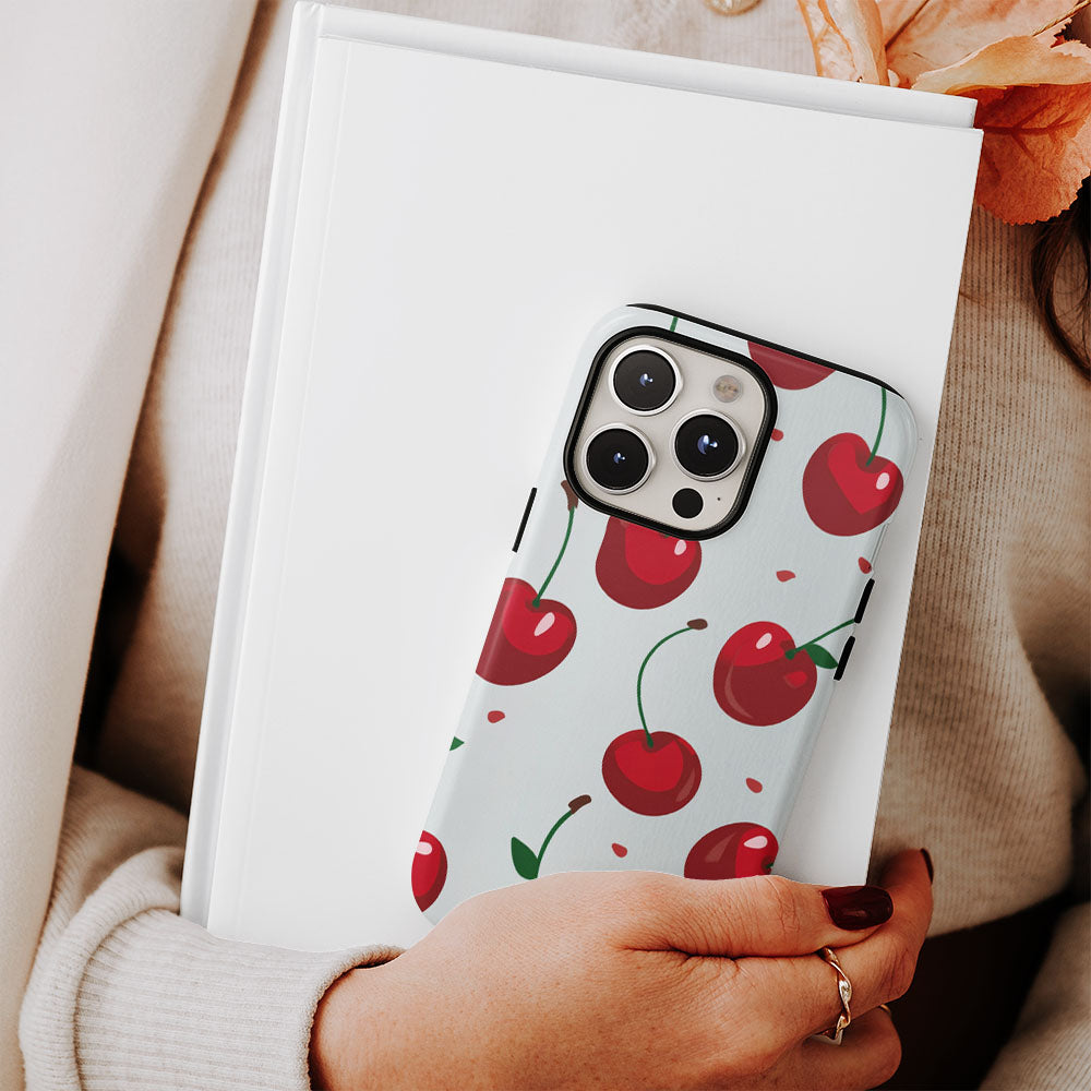 Double-Layer Semi-Handprinted Tough Matte Cherries iPhone Case