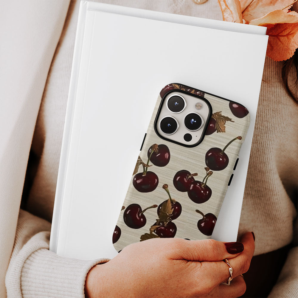 Double-Layer Semi-Handprinted Tough Matte Cherries iPhone Case