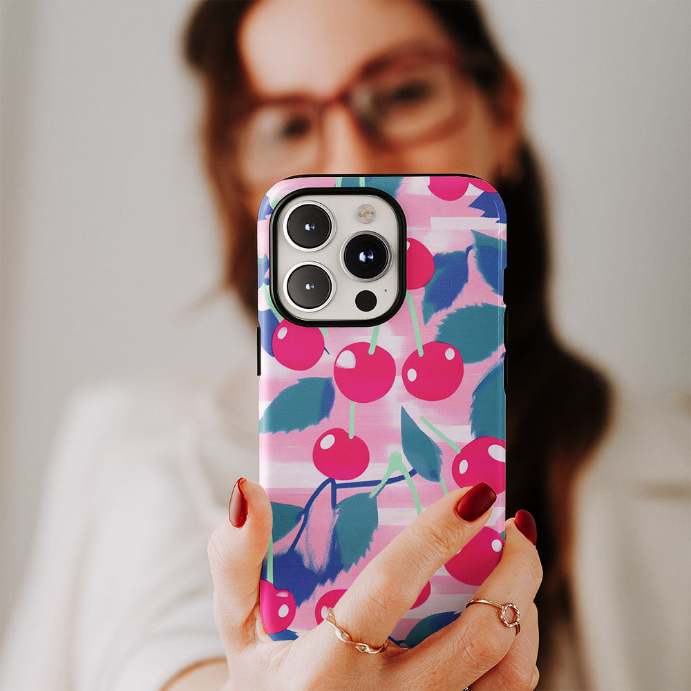 Double-Layer Semi-Handprinted Tough Matte Cherries iPhone Case