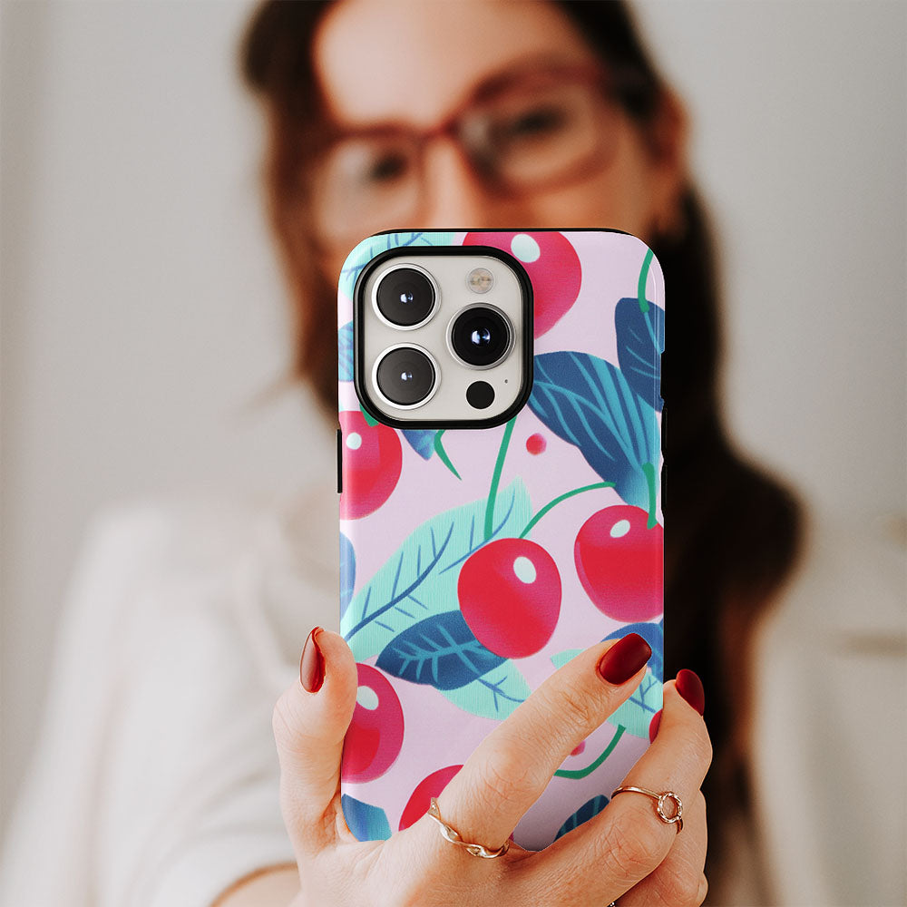 Double-Layer Semi-Handprinted Tough Matte Cherries iPhone Case