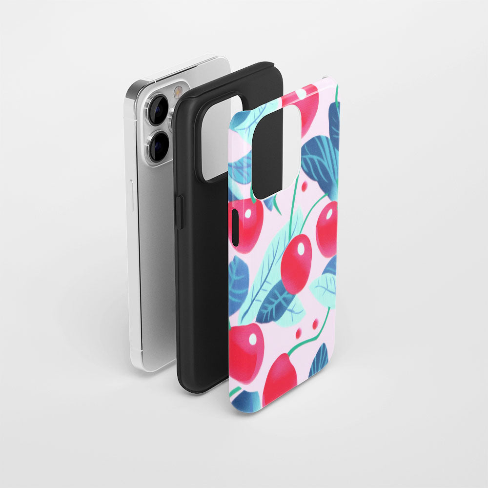 Double-Layer Semi-Handprinted Tough Matte Cherries iPhone Case