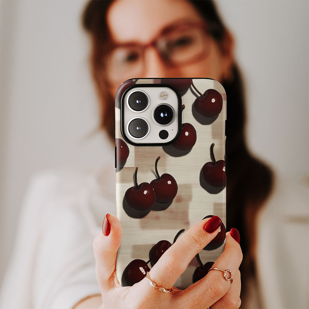 Double-Layer Semi-Handprinted Tough Matte Cherries iPhone Case