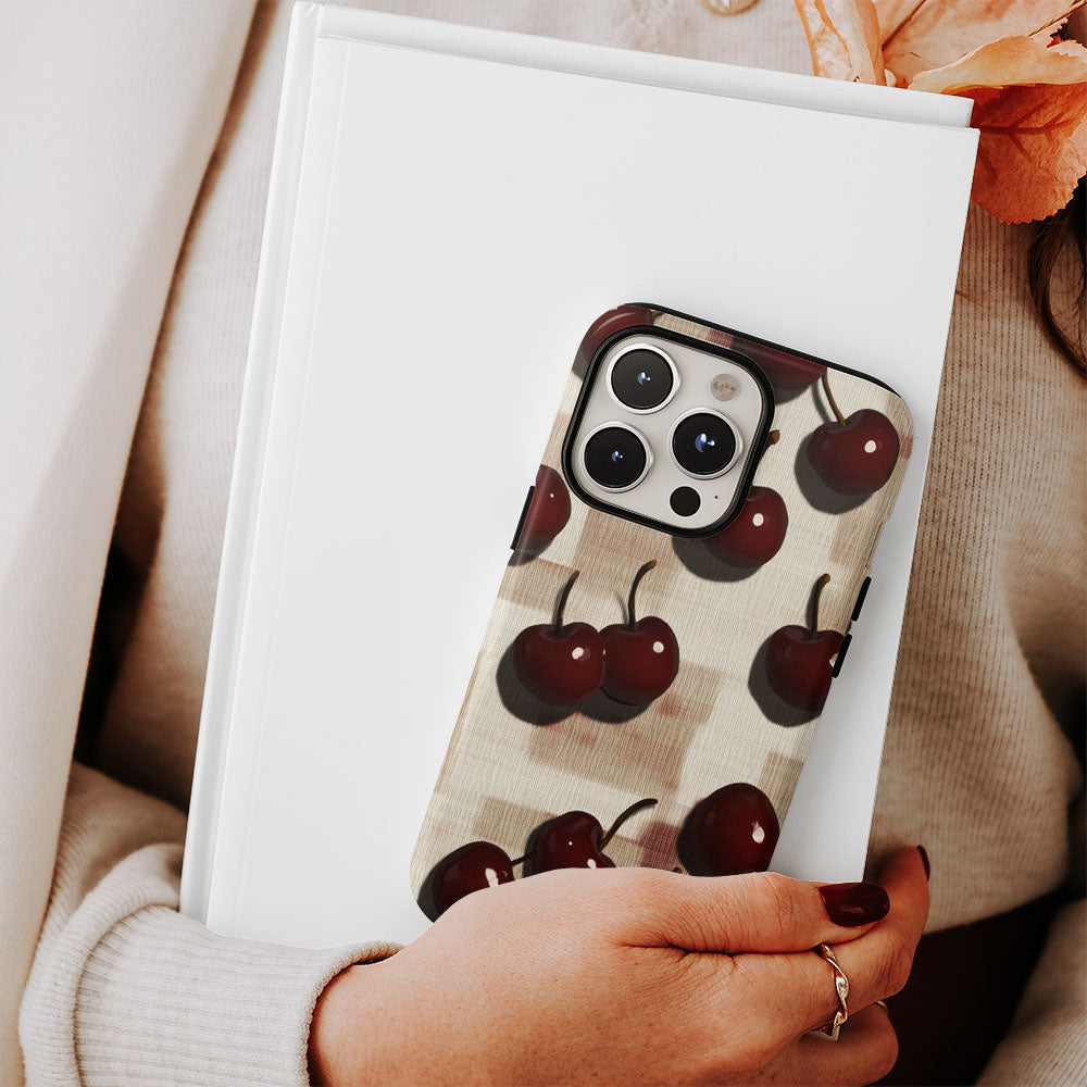 Double-Layer Semi-Handprinted Tough Matte Cherries iPhone Case