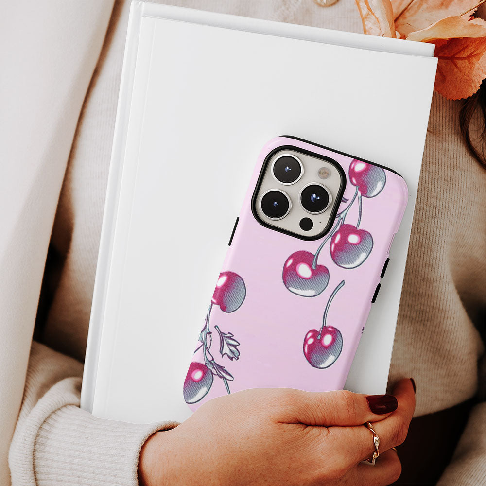 Double-Layer Semi-Handprinted Tough Matte Cherries iPhone Case