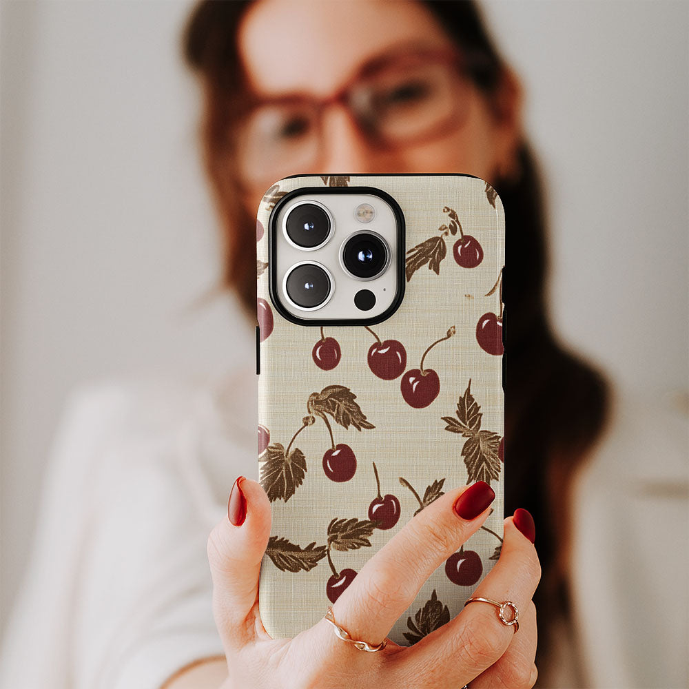 Double-Layer Semi-Handprinted Tough Matte Cherries iPhone Case