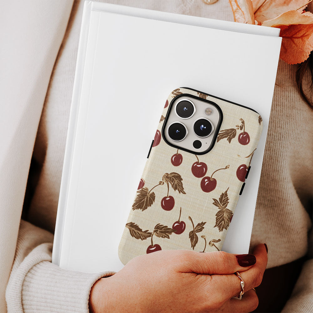 Double-Layer Semi-Handprinted Tough Matte Cherries iPhone Case