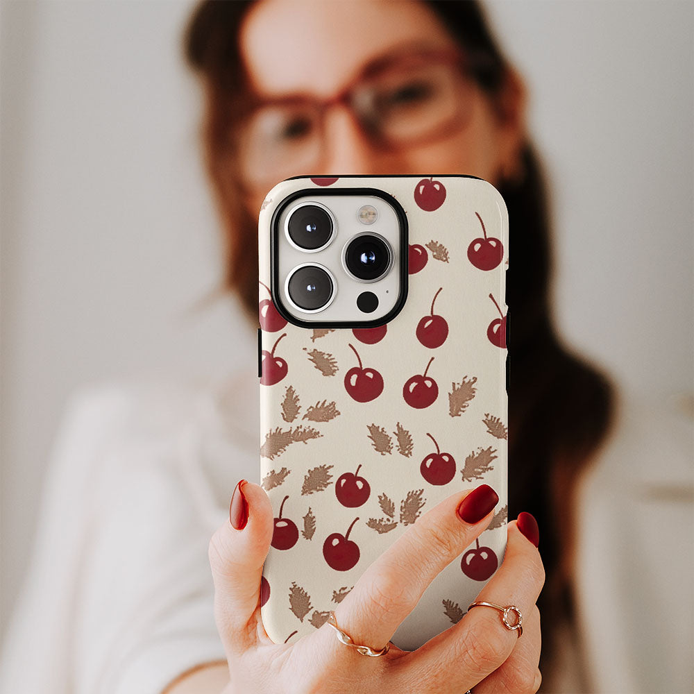 Double-Layer Semi-Handprinted Tough Matte Cherries iPhone Case