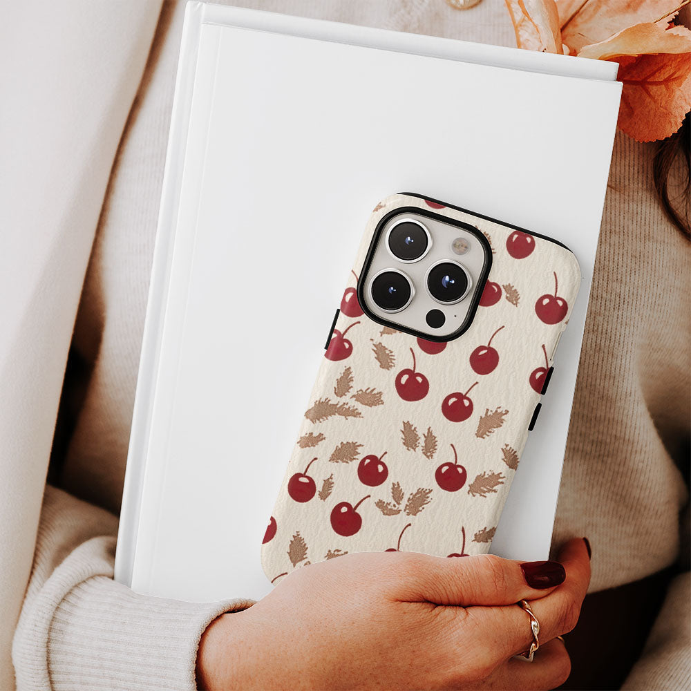 Double-Layer Semi-Handprinted Tough Matte Cherries iPhone Case