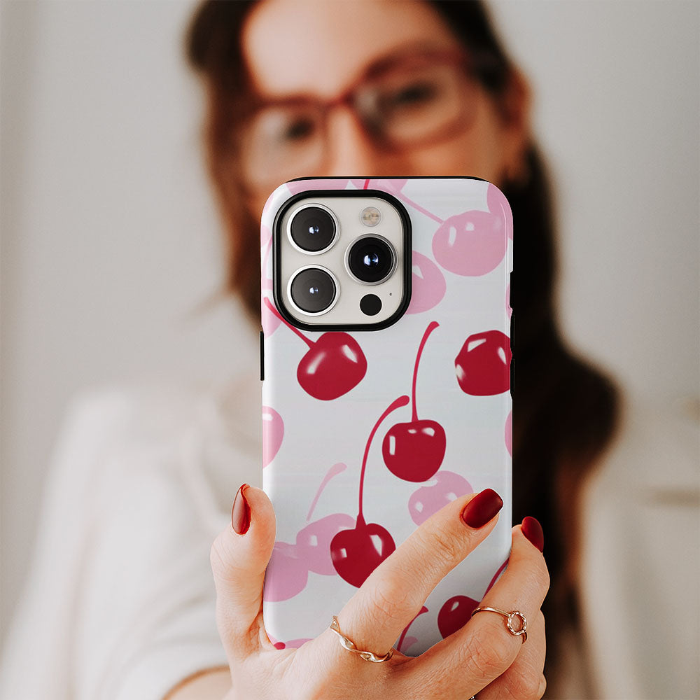 Double-Layer Semi-Handprinted Tough Matte Cherries iPhone Case