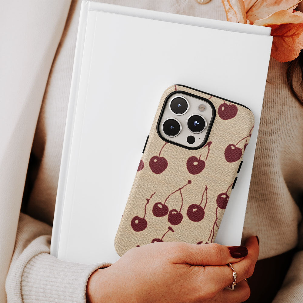 Double-Layer Semi-Handprinted Tough Matte Cherries iPhone Case