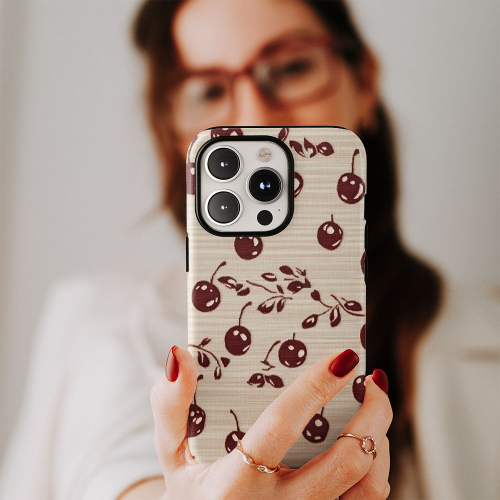 Double-Layer Semi-Handprinted Tough Matte Cherries iPhone Case