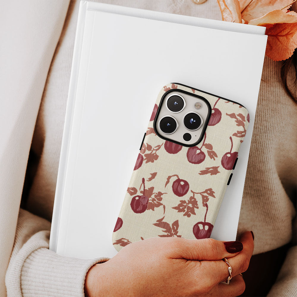 Double-Layer Semi-Handprinted Tough Matte Cherries iPhone Case