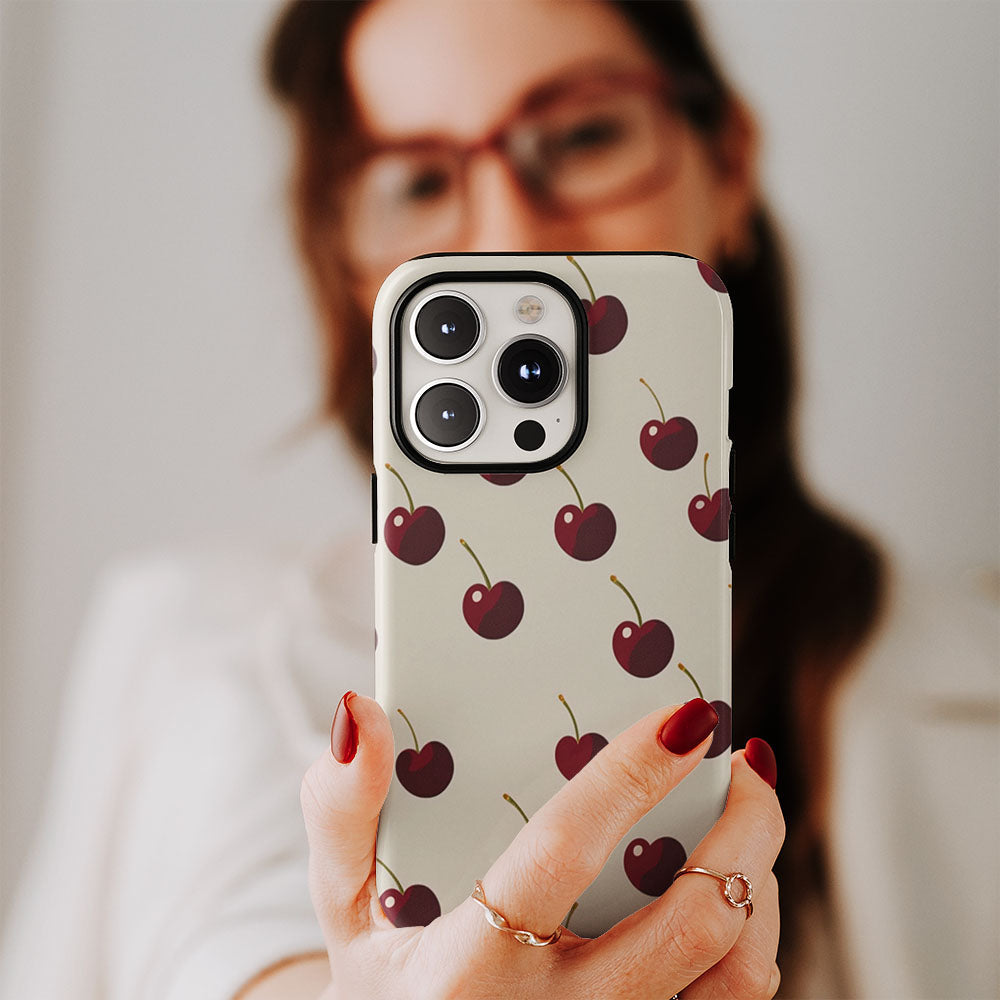 Double-Layer Semi-Handprinted Tough Matte Cherries iPhone Case