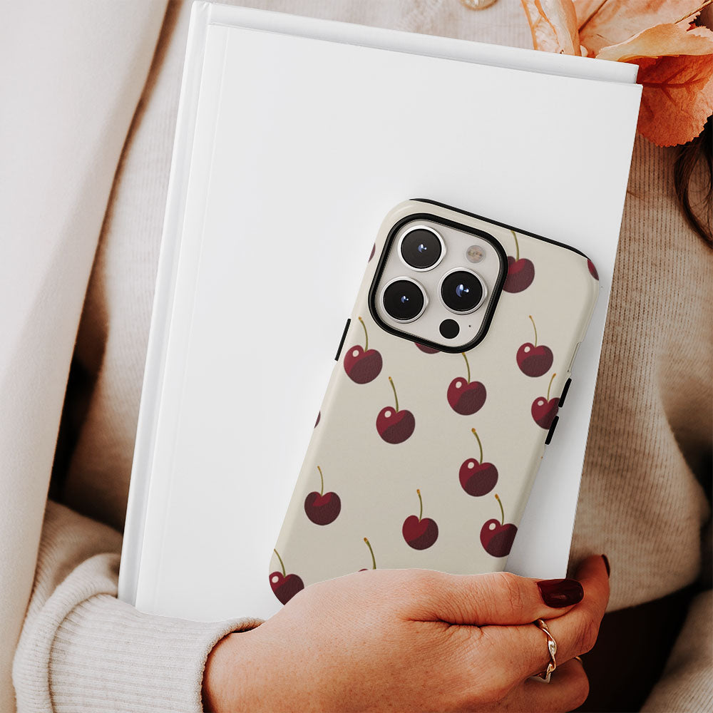 Double-Layer Semi-Handprinted Tough Matte Cherries iPhone Case