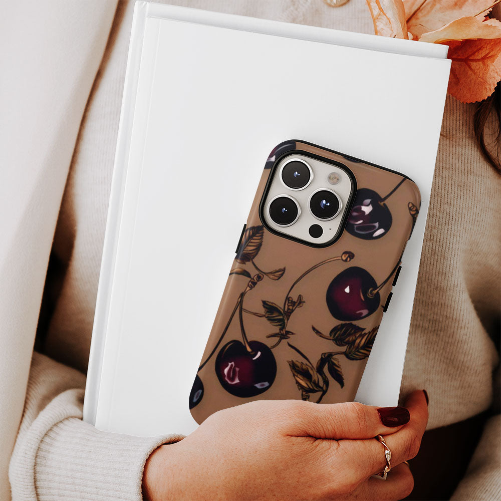 Double-Layer Semi-Handprinted Tough Matte Cherries iPhone Case