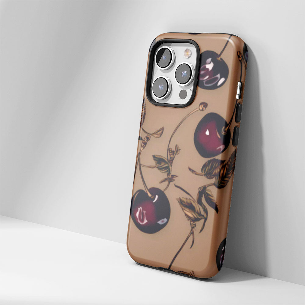 Double-Layer Semi-Handprinted Tough Matte Cherries iPhone Case