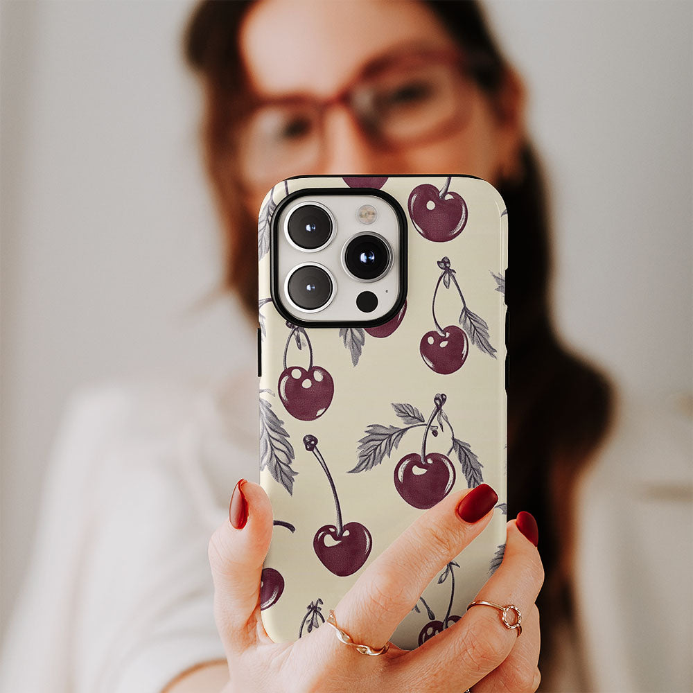 Double-Layer Semi-Handprinted Tough Matte Cherries iPhone Case