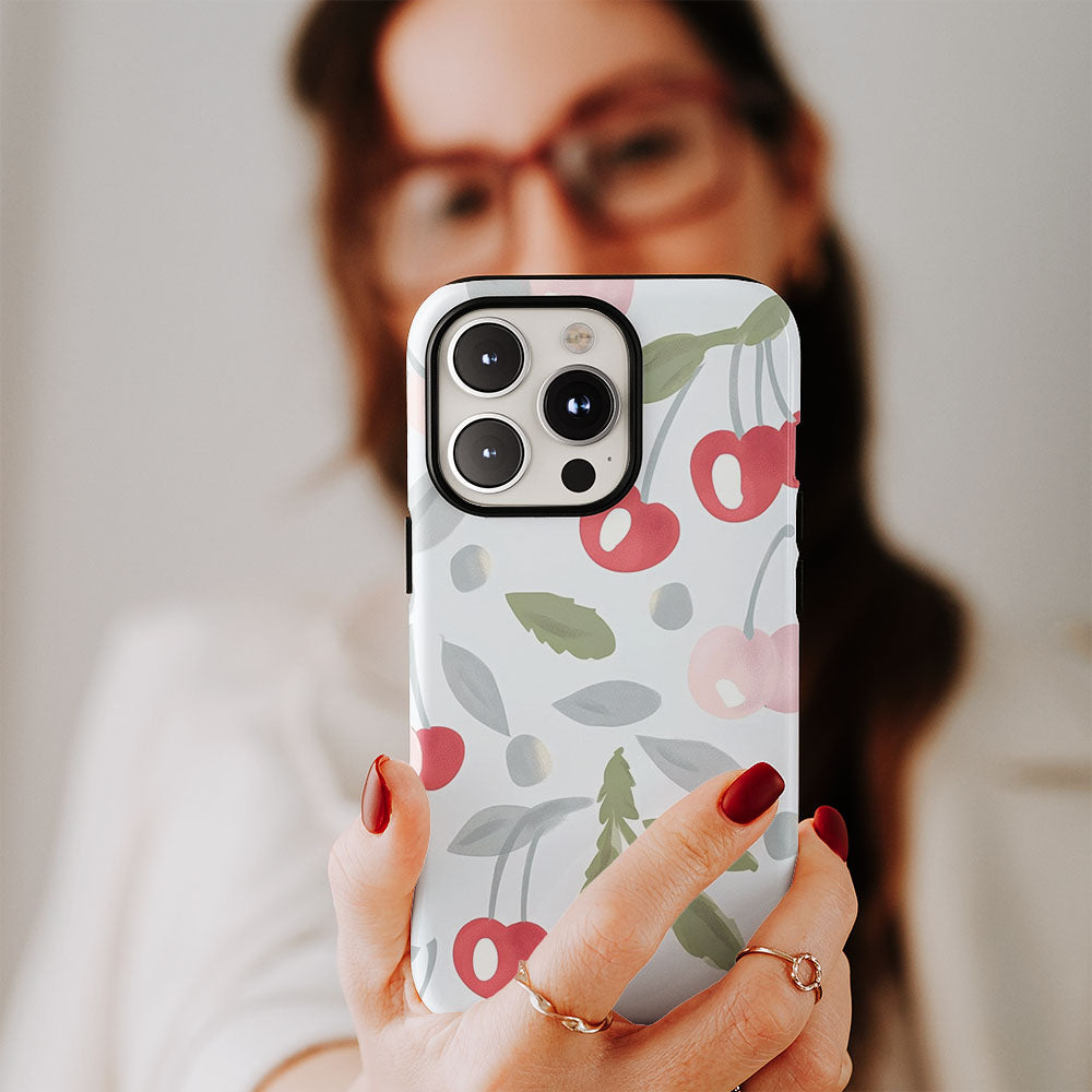 Double-Layer Semi-Handprinted Tough Matte Cherries iPhone Case