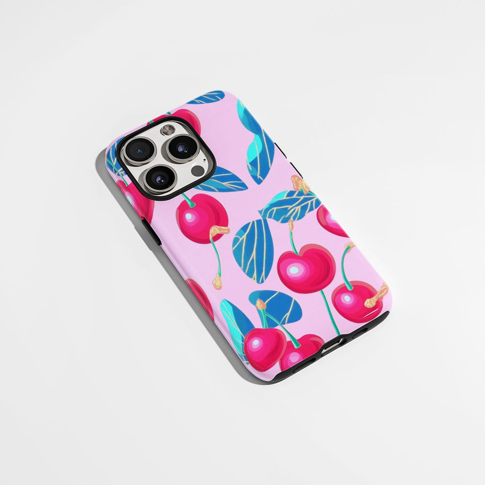 Double-Layer Semi-Handprinted Tough Matte Cherries iPhone Case