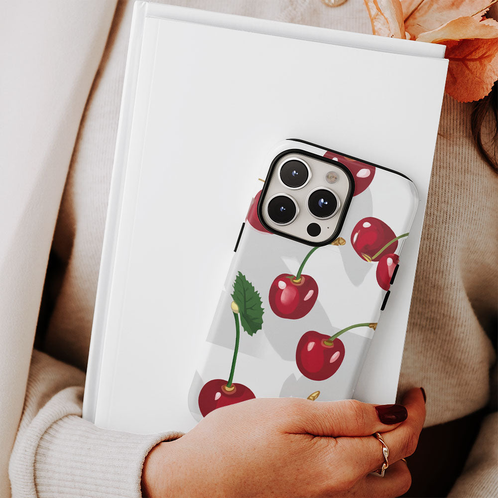 Double-Layer Semi-Handprinted Tough Matte Cherries iPhone Case