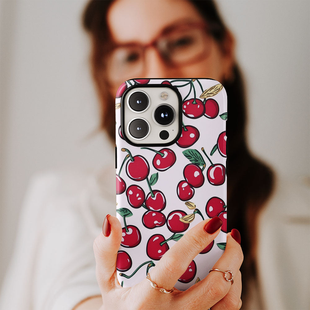 Double-Layer Semi-Handprinted Tough Matte Cherries iPhone Case