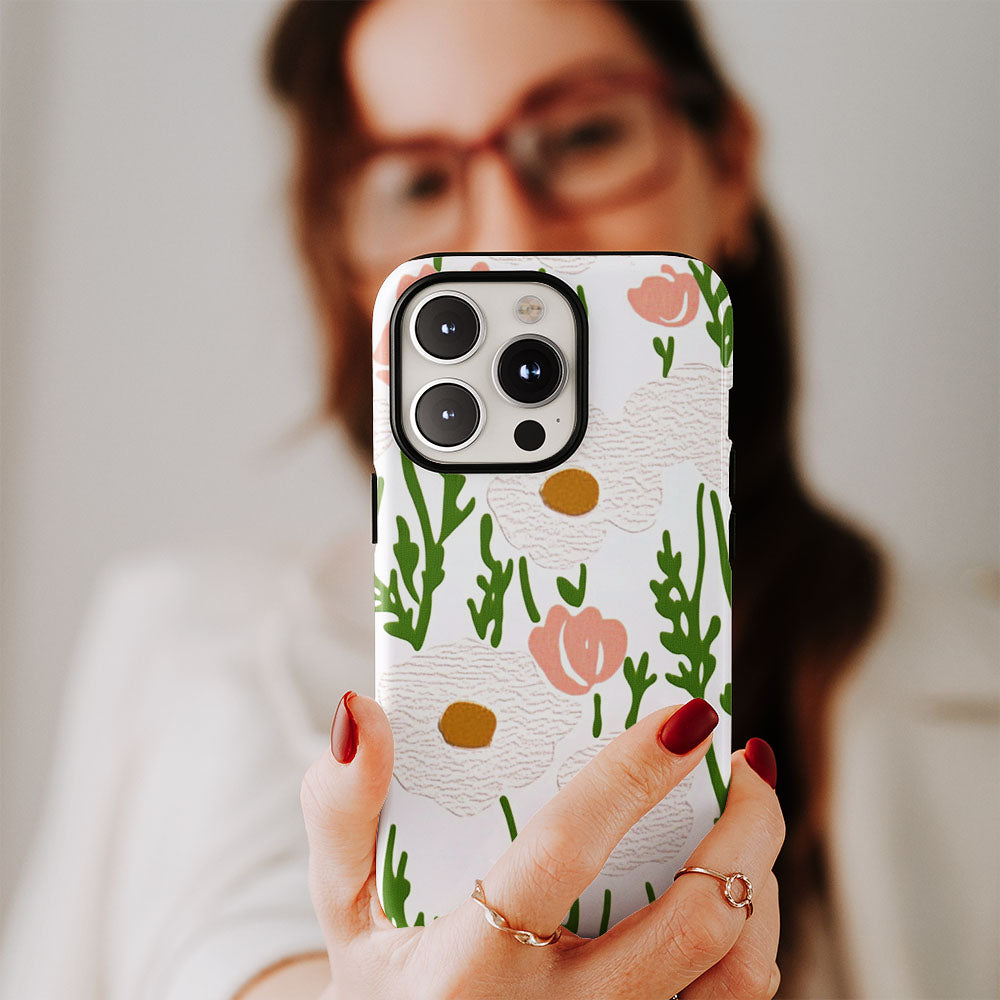 Double-Layer Semi-Handprinted Tough Matte Flowers iPhone Case