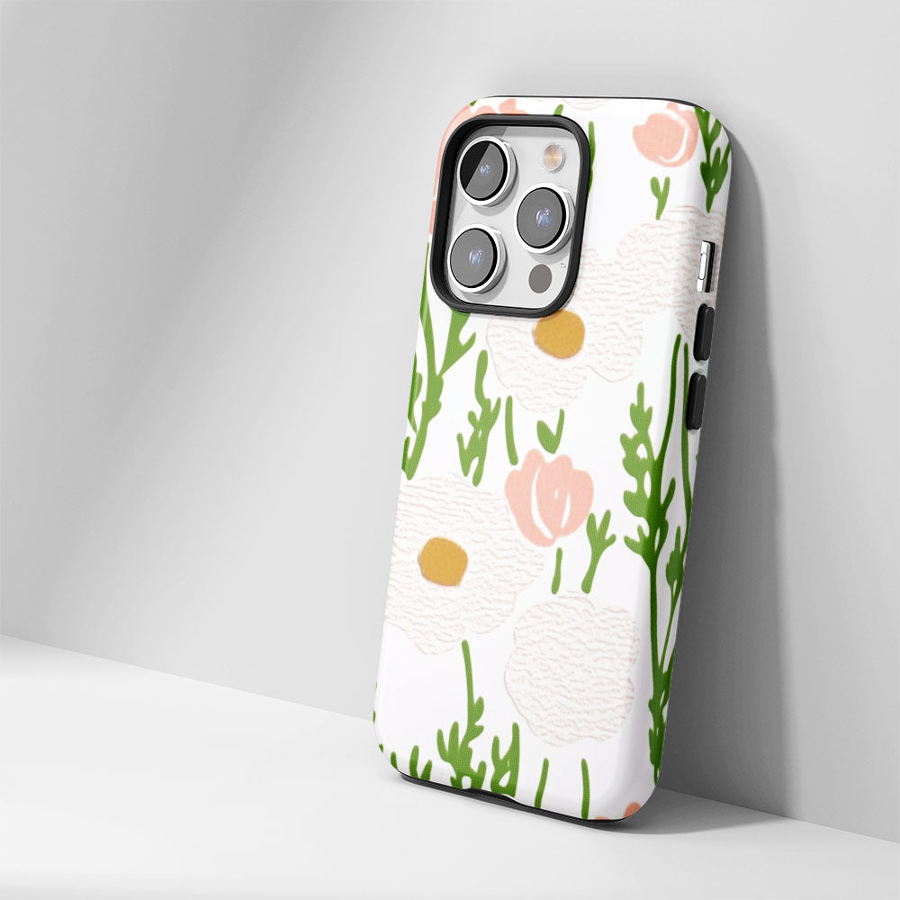 Double-Layer Semi-Handprinted Tough Matte Flowers iPhone Case