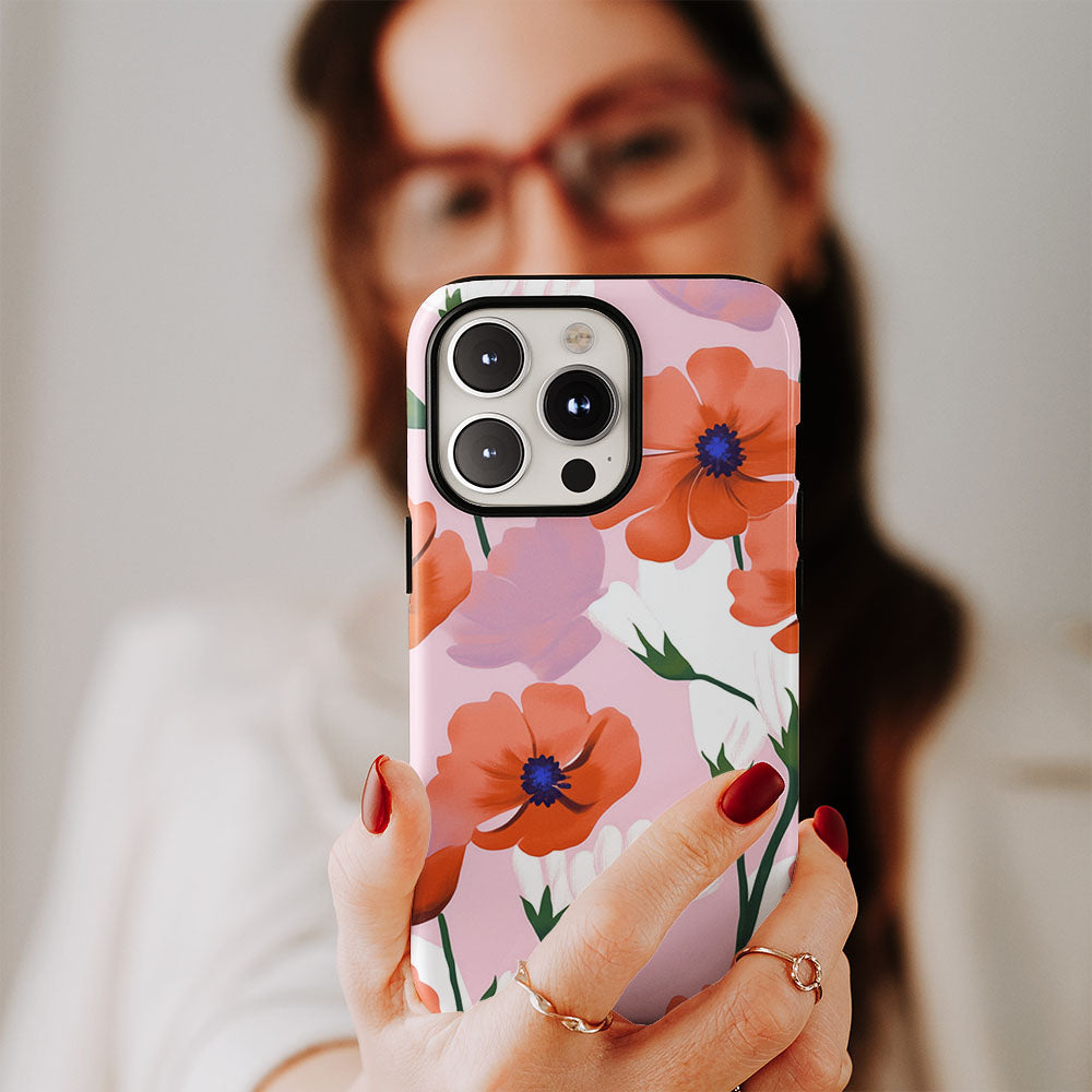 雙層半手印花堅韌霧面花朵 iPhone 手機殼