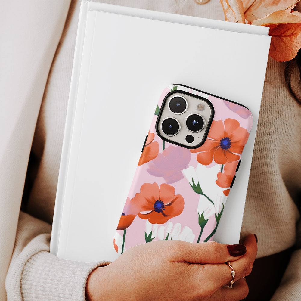 Double-Layer Semi-Handprinted Tough Matte Flowers iPhone Case